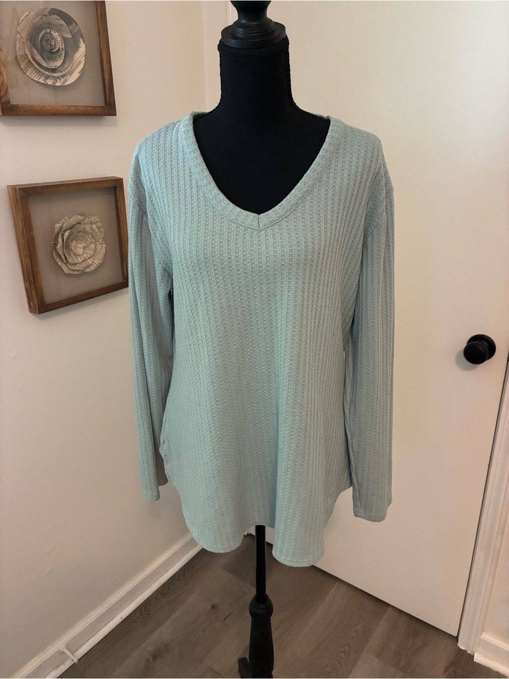 Chaser Long Sleeve V-Neck Waffle Knit Top in Light Aqua